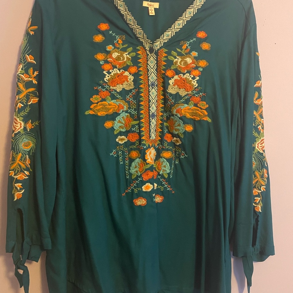 Reba Teal Tunic with Vibrant Embroidery